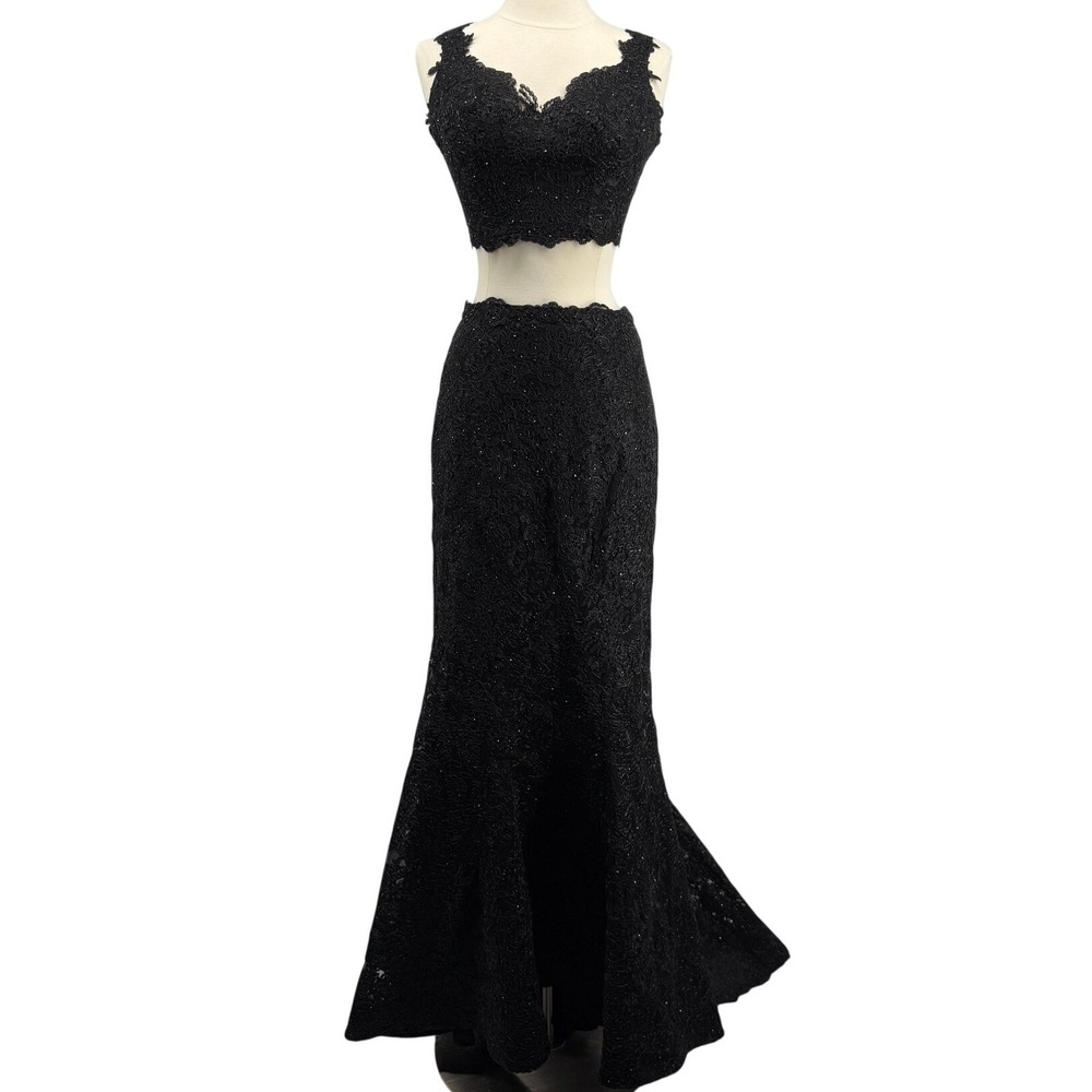 Sherri Hill Black Lace Two Piece Beaded Mermaid Prom Gown Set Size 4